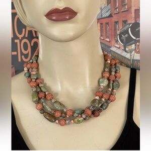 Jay King DTR Sterling Triple Strand Turquoise Coral Agate Carved Bead Necklace